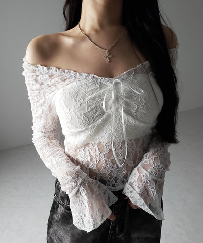 【 ２color ／２WAY 】フロントリボンオフショルスリムレーストップス ／ front ribbon off-shoulder slim lace tops