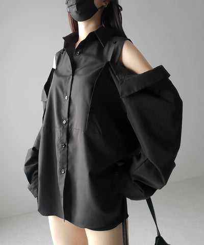 【 ３color 】オープンショルダーカットアウトビッグシャツ ／ open shoulder cutout big shirt