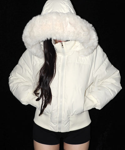 フェイクファーフード中綿ショートジャケット ／ fake fur hoodie fake down short jacket