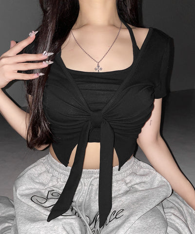 フロントリボンレイヤードトップス ＋ ホルターキャミ  ＳＥＴ  ／ front ribbon layered tops ＋ halter camisole SET