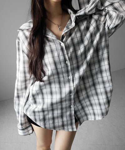 ビッグシルエットブラックシアーチェックシャツ ／ big silhouette black sheer check shirt