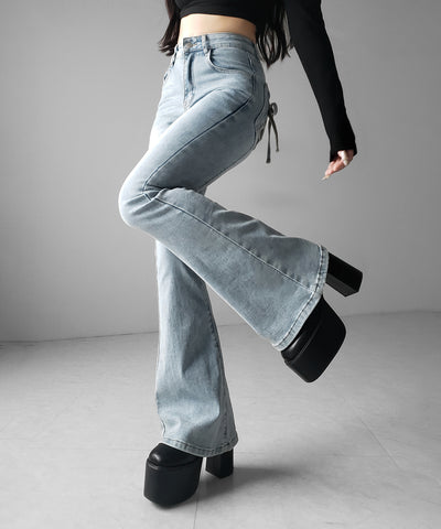 【４size 】バックリボンレースアップ美脚ストレッチフレアデニム ／ back ribbon lace up slim leg stretch flare denim