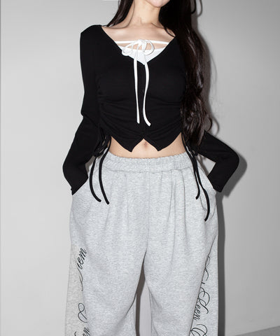 【 ３WAY 】レイヤード風シャーリングリボンリブトップス ／ fake layered shirring ribbon lib tops
