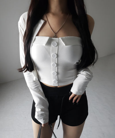 【 2点セット 】フロントボタンベアトップ ＋ クロップドカットソーカーディガン SET ／ front button bare top + cropped cutsaw cardigan SET