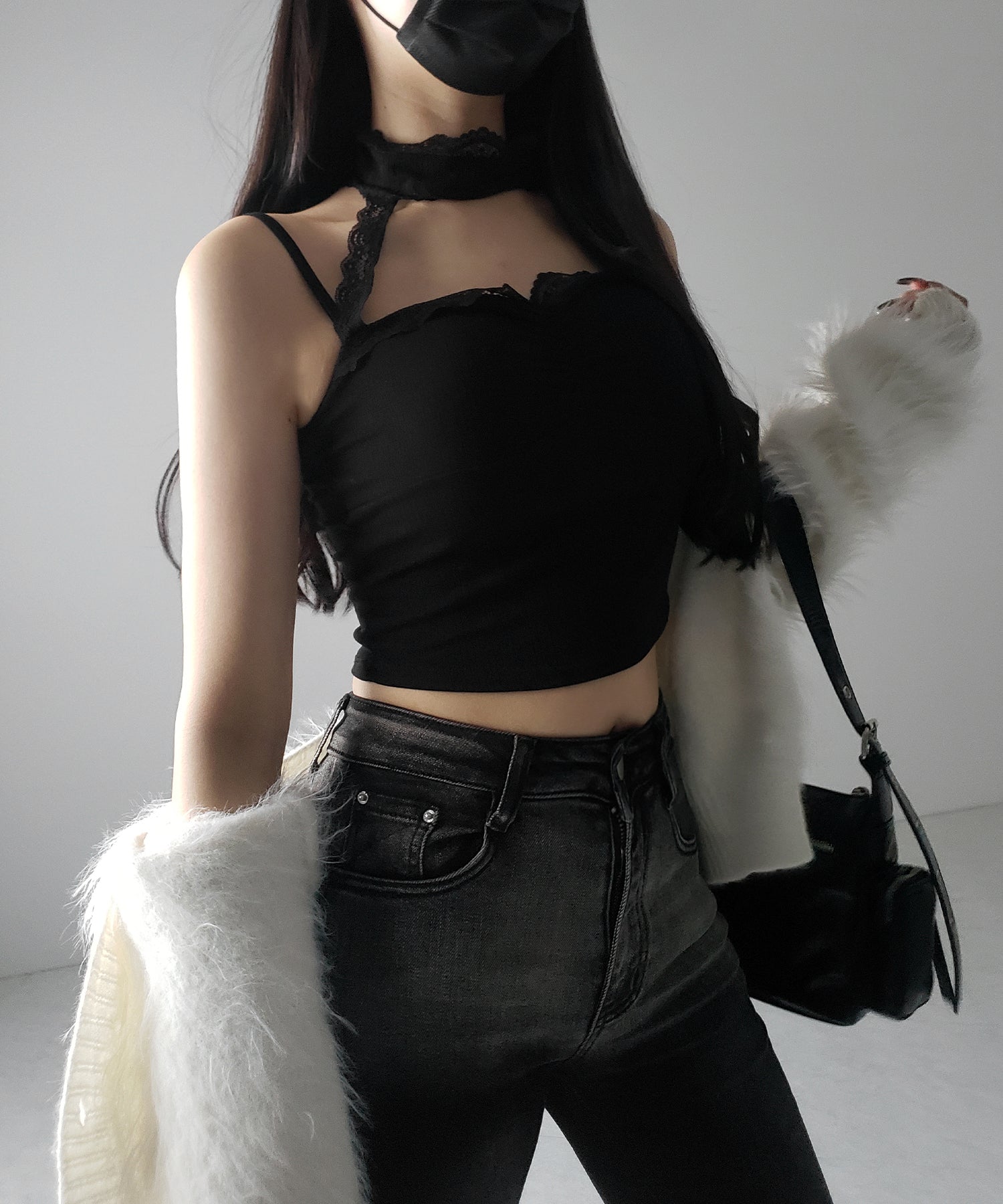 【 ２color ／ カップ付 】レースチョーカーストラップリブキャミソール ／ lace choker strap lib camisole