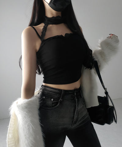 【 ２color ／ カップ付 】レースチョーカーストラップリブキャミソール ／ lace choker strap lib camisole