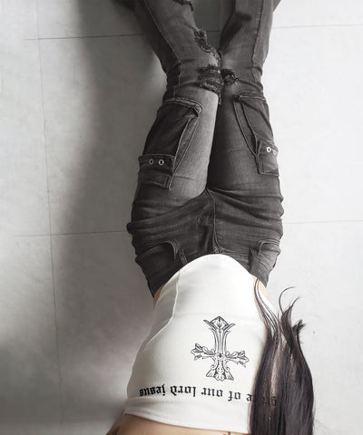 【 ２color ／ ４size 】カーゴデザインヴィンテージライクダメージストレッチフレアデニム ／ cargo design vintage-like damage stretch flare denim