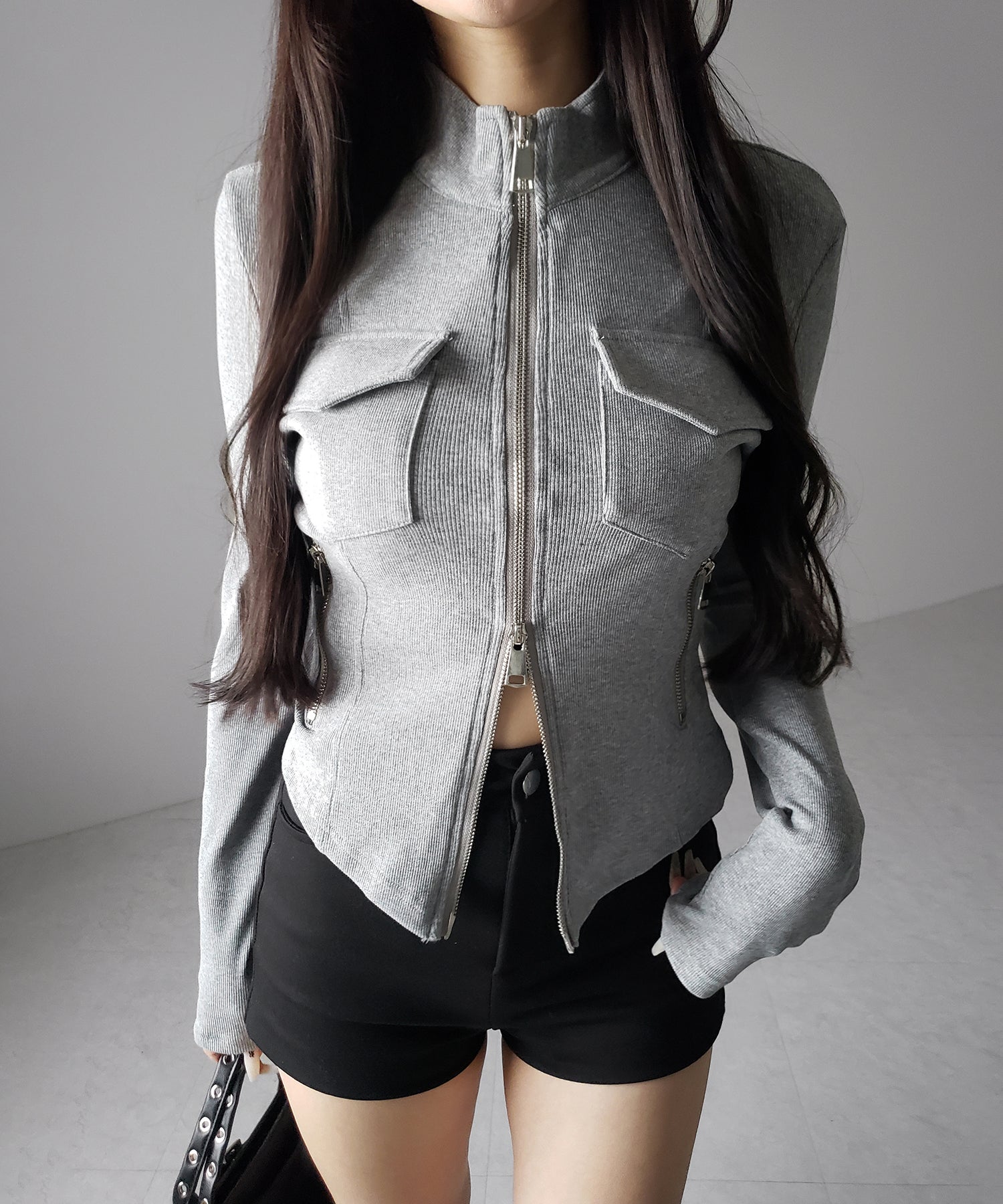 アウトポケットダブルジップスリムリブトップス ／ out pocket double zip slim ribbed tops