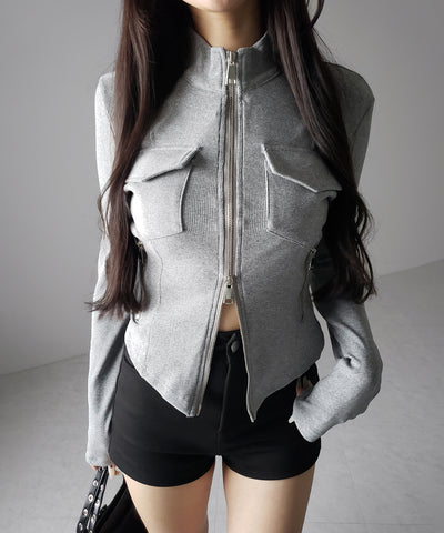 アウトポケットダブルジップスリムリブトップス ／ out pocket double zip slim ribbed tops