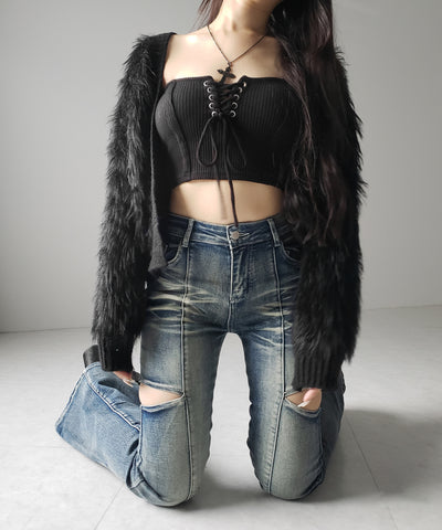 【 ２color ／ ３size 】カットアウトヴィンテージストレッチフレアデニム ／ cutout vintage stretch flare denim