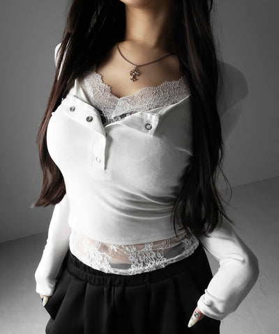 【 人気アイテムの長袖verが新登場！ 】レースレイヤードヘンリーネックスクエア長袖Ｔシャツ ／ lace layered henley neck square long sleeve T-shirt