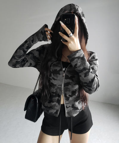 ヴィンテージカモフラダブルジップカットパーカー ／ vintage camouflage double zip cut hoodie