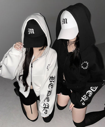 グランジロゴダブルジップショートパーカー ／ grunge logo double zip short hoodie