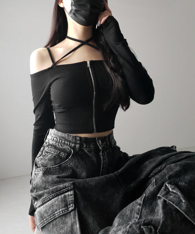 【 ３color ／ カップ付 】フロントジップクロスストラップオフショルトップス ／ front zip cross straps off-shoulder tops