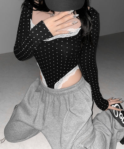 ドットカットアウトレースポイントボディスーツトップス ／dot cutout lace point bodysuit tops