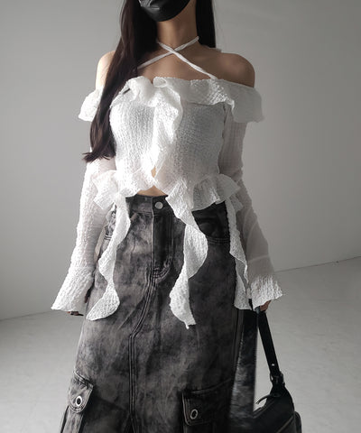 【 ３SIZE 】クラッシュブリーチセンタースリットカーゴデニムスカート ／ crash bleach center slit cargo denim skirt