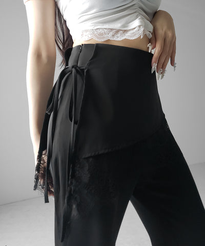 【３size 】レースレイヤードサイドリボンラップフレアスラックス ／ lace layered side ribbon wrap flare slacks
