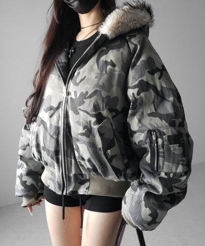 カモフラフェイクファーフーディ中綿ジャケット ／ camouflage fake fur hoodie down jacket