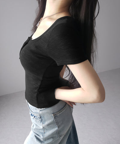 スクエアヘンリーネック半袖ピチＴシャツ ／square henley neck short sleeve pichi T-Shirt