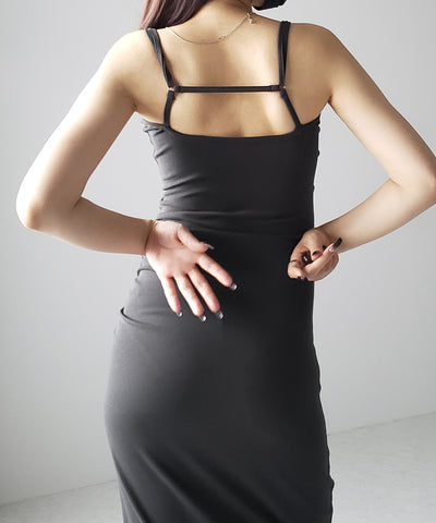 【 パッド付き 】バックストラップサイドシャーリングスリットロングキャミワンピース ／ back strap side shirring slit long cami onepiece