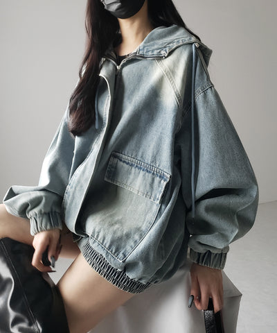 【 ２color 】ヴィンテージデニムダブルジップフードブルゾン ／ vintage denim double zip hoodie blouson