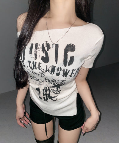 グランジロゴプリント半袖スリムニットトップス ／ grunge logo print shortsleeve slim knit tops