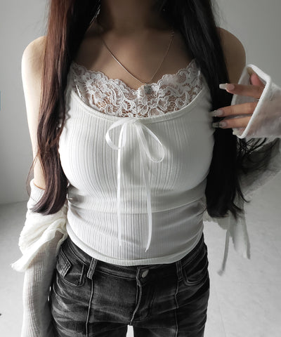 【 ３color ／ カップ付き 】フロントリボンレースドッキングキャミソール ／front ribbon lace docking camisole