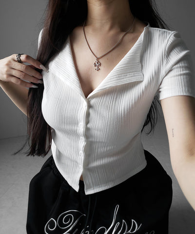 フロントボタン半袖リブカーデトップス ／ front button short sleeve lib cardigan tops