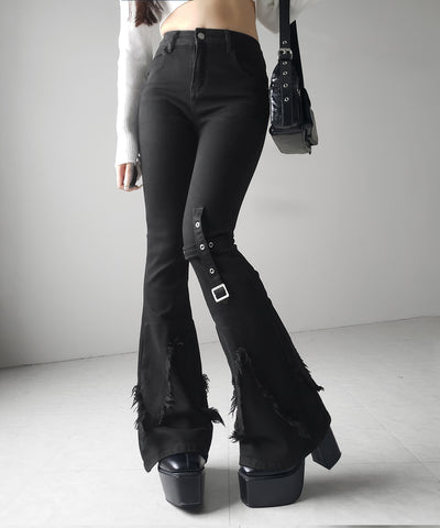 クロスデザインヴィンテージライクフリンジストレッチフレアデニム ／ cross design vintage-like fringe stretch flare denim