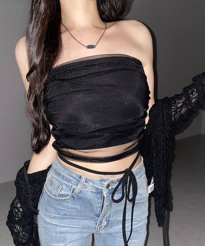 ウエストクロスチュールドッキングベアトップ ／ waist cross tulle docking bare top