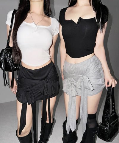 ダブルレイヤードリボンドレープミニスカパン ／ double layered ribbon draped mini skirt pants