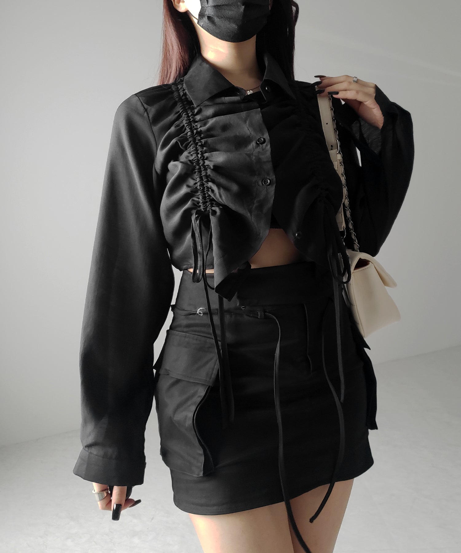 【 ３color 】ダブルリボンシャーリングショートシアーシャツ ／ double shirring ribbon short sheer shirts