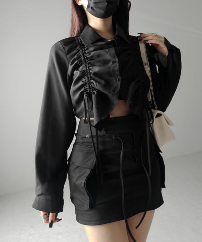 【 ３color 】ダブルリボンシャーリングショートシアーシャツ ／ double shirring ribbon short sheer shirts