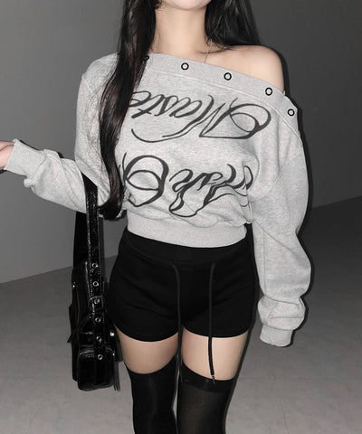 レタリングロゴワンショルスウェットトップス ／ Lettering logo one-shoulder sweat tops