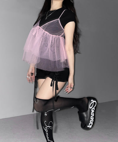 フロントリボンチュールキャミソール ／ front ribbon tulle camisole