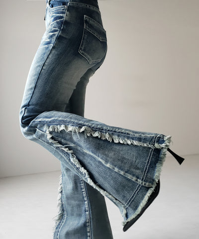 【 ２color ／ ４size 】ヴィンテージライクフリンジストレッチフレアデニム ／ Vintage-like fringe stretch flare denim