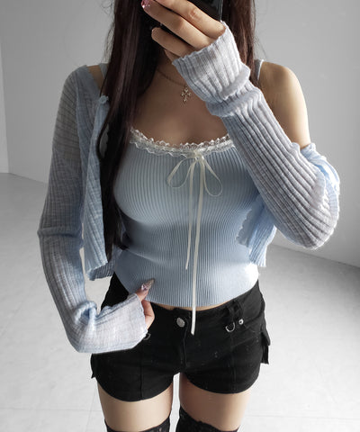 【 ２点セット 】レースリボンニットキャミソール ＋ シアーリブニットカーディガン ／ lace ribbon knit camisole ＋ sheer lib knit cardigan
