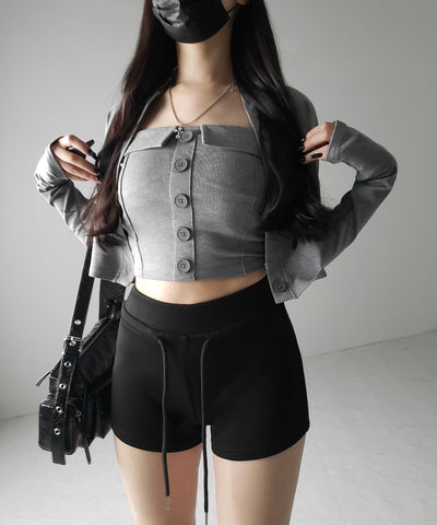 【 2点セット 】フロントボタンベアトップ ＋ クロップドカットソーカーディガン SET ／ front button bare top + cropped cutsaw cardigan SET