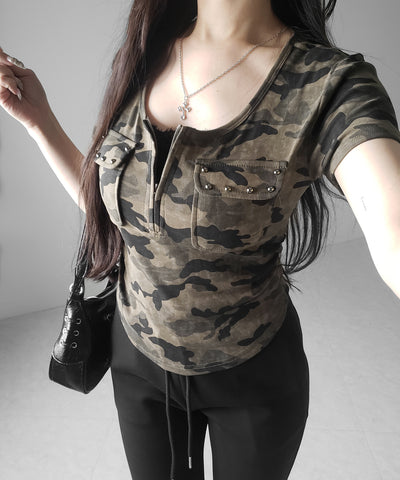 ヴィンテージカモフラアウトポケットジップ半袖Tシャツ ／ vintage camouflage out pocket zip short sleeve T-shirt