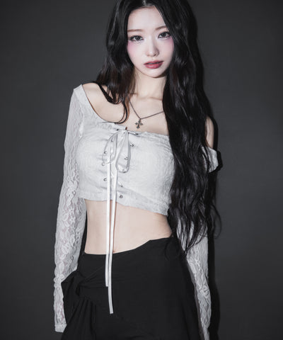 【 ２color 】レースアップコルセットリボンショートレーストップス ／ laceup corset ribbon short lace tops
