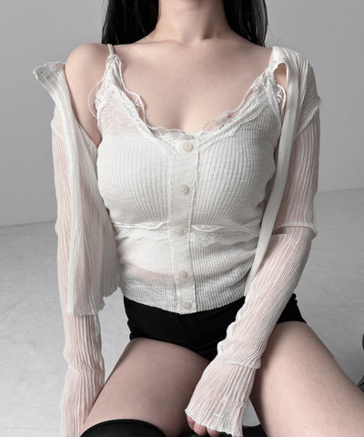 【 2点セット 】フロントレースシアーニットキャミソール ＋カーディガン SET / front lace sheer knit camisole + cardigan set