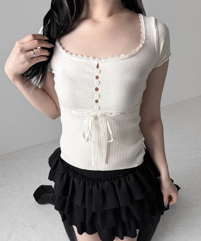 フロントリボンスクエア半袖ニットトップス / front ribbon square short sleeve knit tops