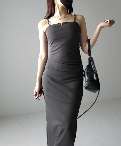 【 パッド付き 】バックストラップサイドシャーリングスリットロングキャミワンピース ／ back strap side shirring slit long cami onepiece