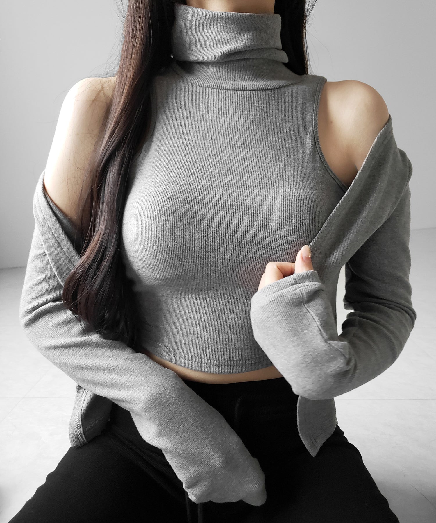 【 裏微起毛 ／ 2点セット 】ハイネックノースリーブトップス ＋ ショートカーディガン SET ／ high neck nosleeve tops + short cardigan SET