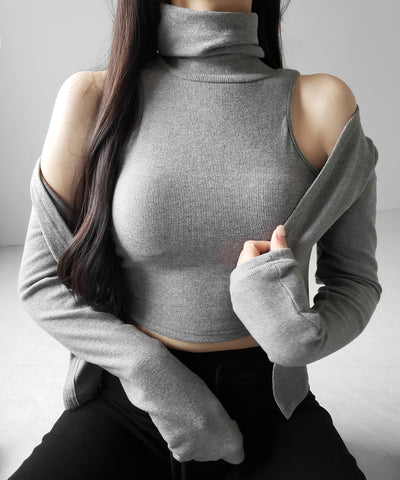 【 裏微起毛 ／ 2点セット 】ハイネックノースリーブトップス ＋ ショートカーディガン SET ／ high neck nosleeve tops + short cardigan SET