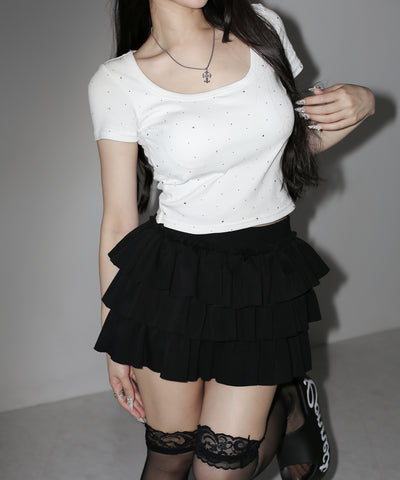 ラインストーンスクエアネックタイトＴシャツ ／Rhinestone square neck tight T-shirt