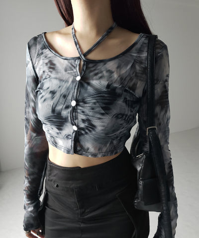 【 ３color ／ ２WAY 】クロスストラップリボンシアーショートカーディガン ／ cross strap ribbon sheer short cardigan