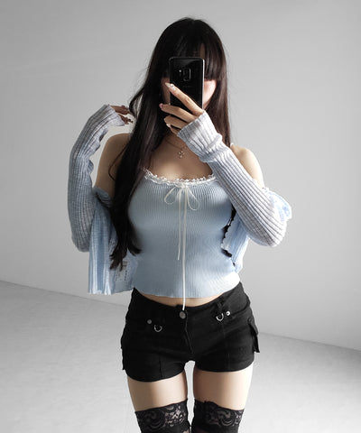 【 ２点セット 】レースリボンニットキャミソール ＋ シアーリブニットカーディガン ／ lace ribbon knit camisole ＋ sheer lib knit cardigan