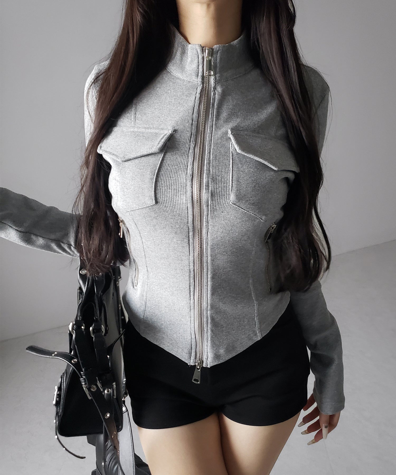 アウトポケットダブルジップスリムリブトップス ／ out pocket double zip slim ribbed tops