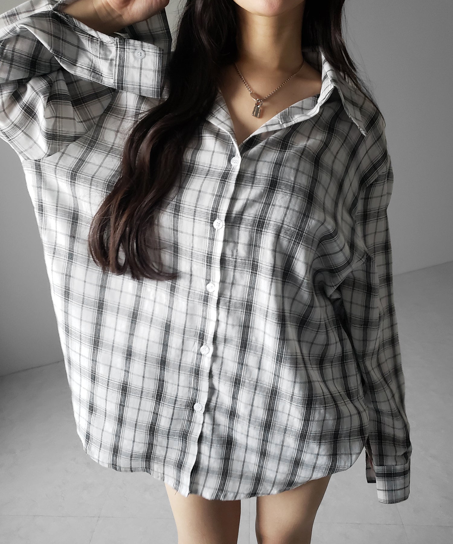 ビッグシルエットブラックシアーチェックシャツ ／ big silhouette black sheer check shirt